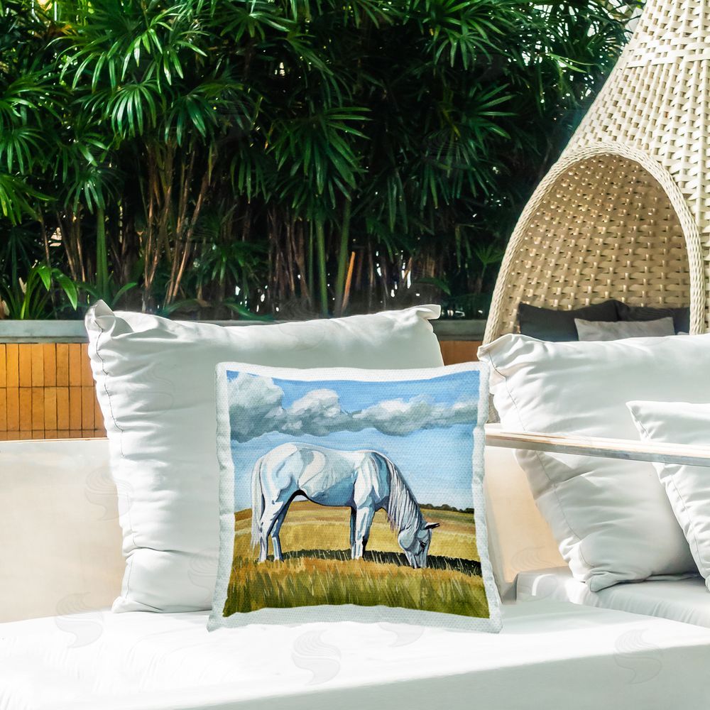Kate Jarvik Birch White Horse Grazing Beneath Clouds Outdoor Quick-Dry Polyester Printed Square Pillow on Patio