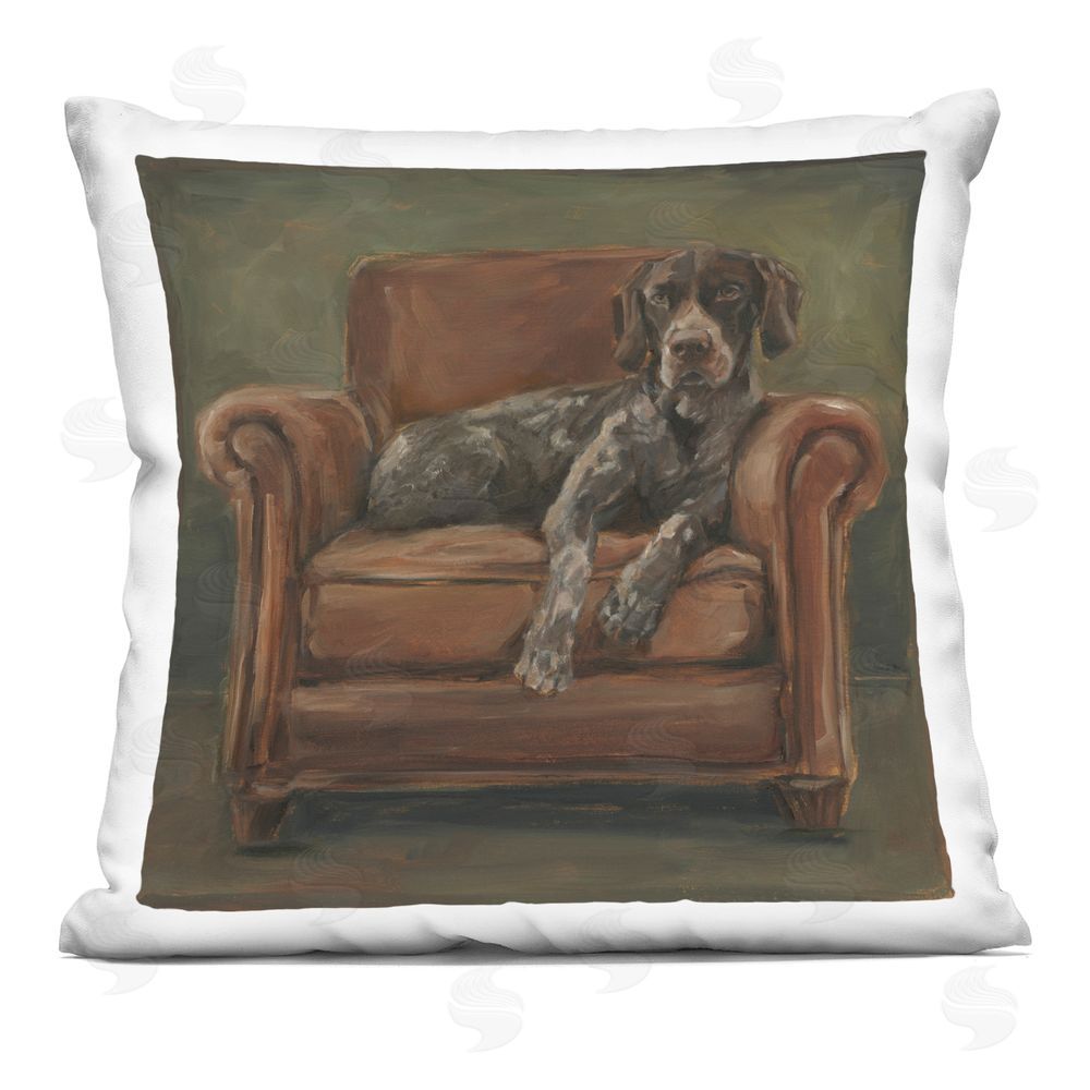 Ethan Harper Relaxed Dog on Leather Sofa Indoor Plush Polyester Square Throw Pillow