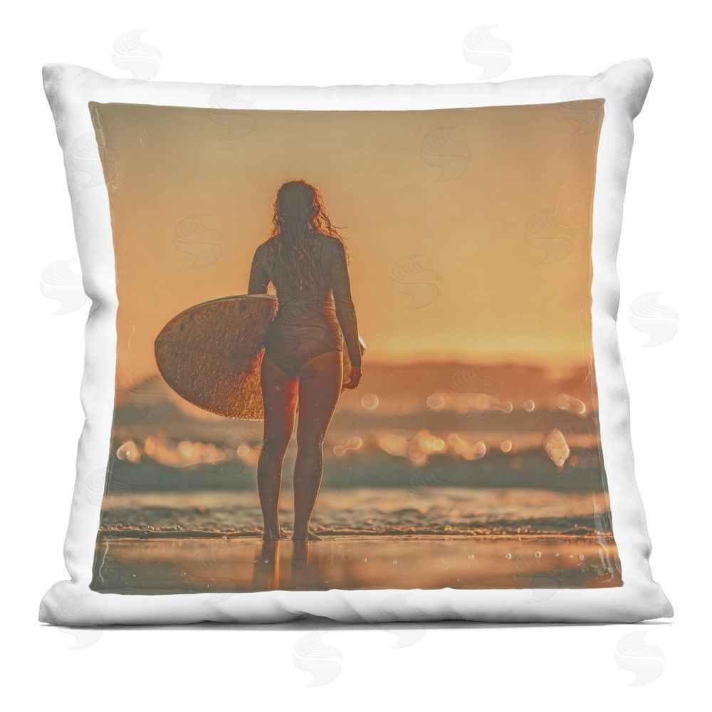 Walker Noble Female Surfer at Sunset Indoor Plush Polyester Square Throw Pillow