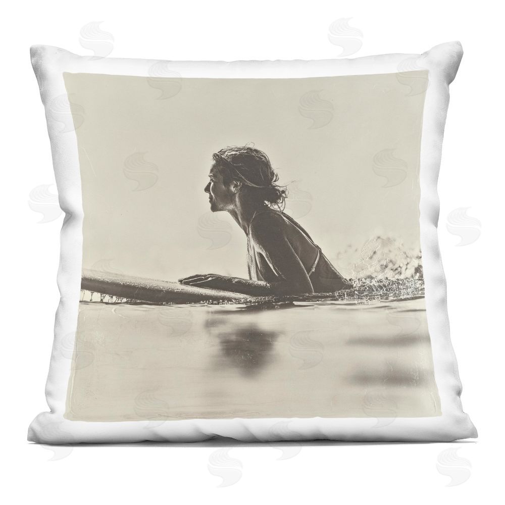Walker Noble Female Surfer Paddling Indoor Plush Polyester Square Throw Pillow