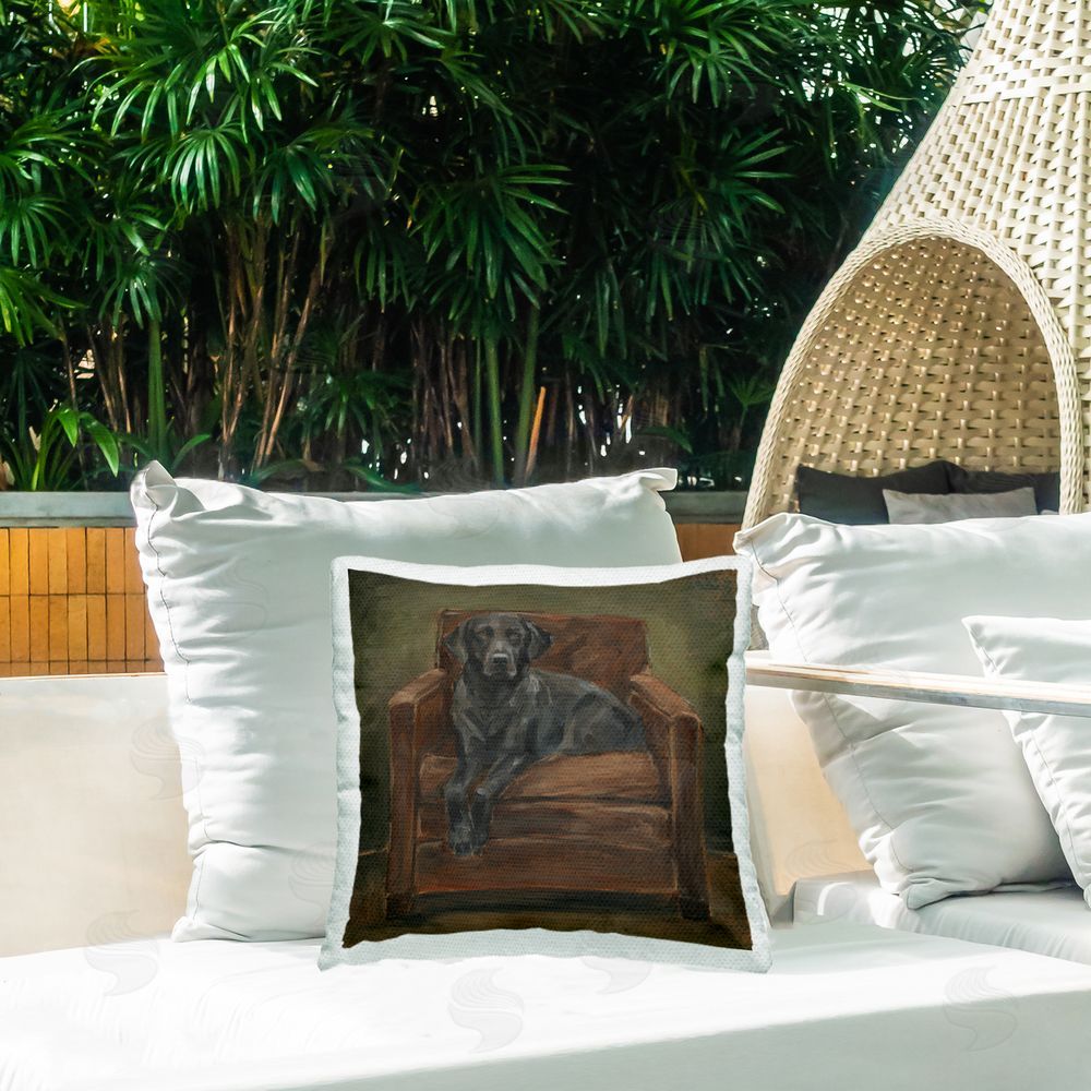 Ethan Harper Black Labrador on Leather Chair Outdoor Quick-Dry Polyester Printed Square Pillow on Patio
