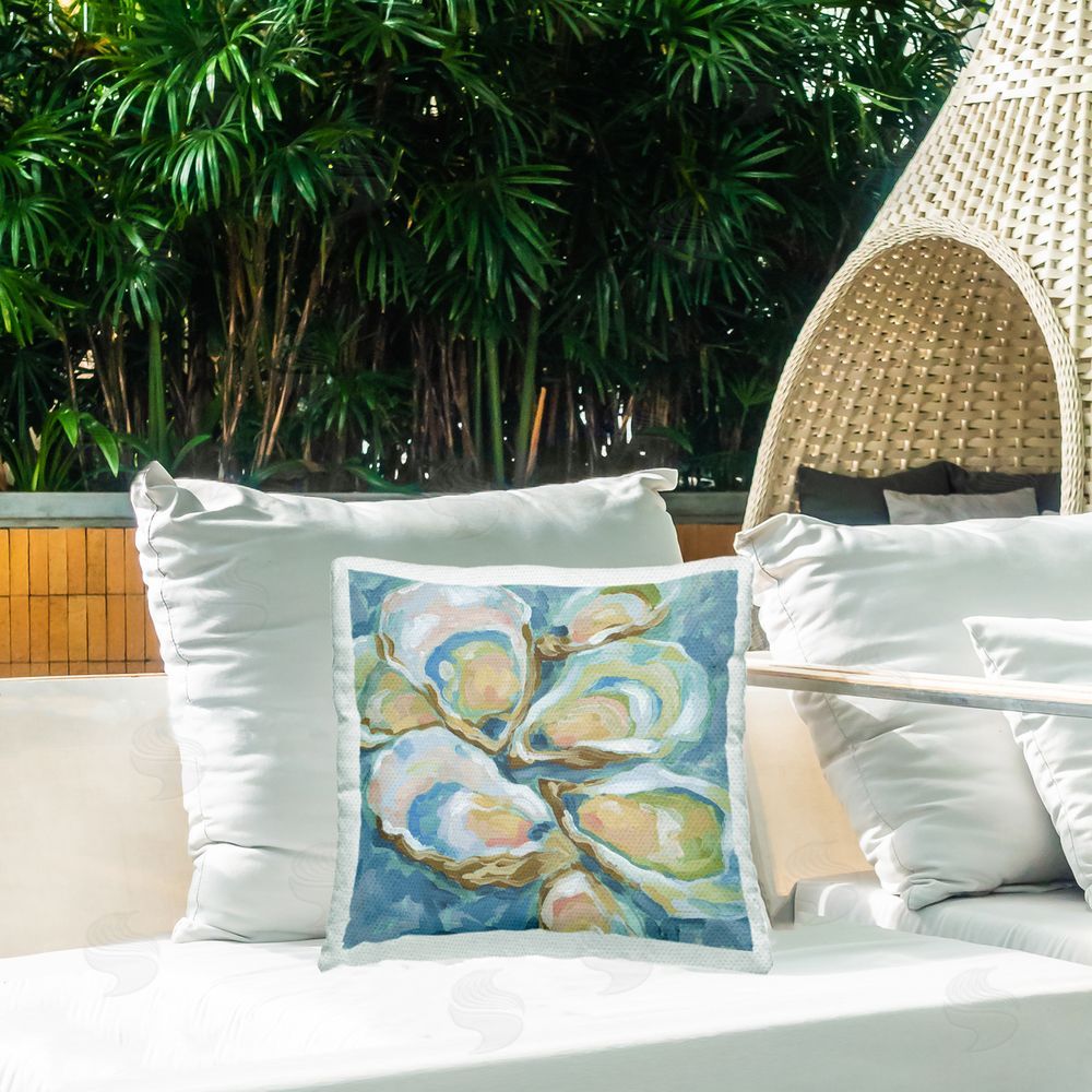 June Erica Vess Pastel Seafoam Oyster Shells Outdoor Quick-Dry Polyester Printed Square Pillow on Patio