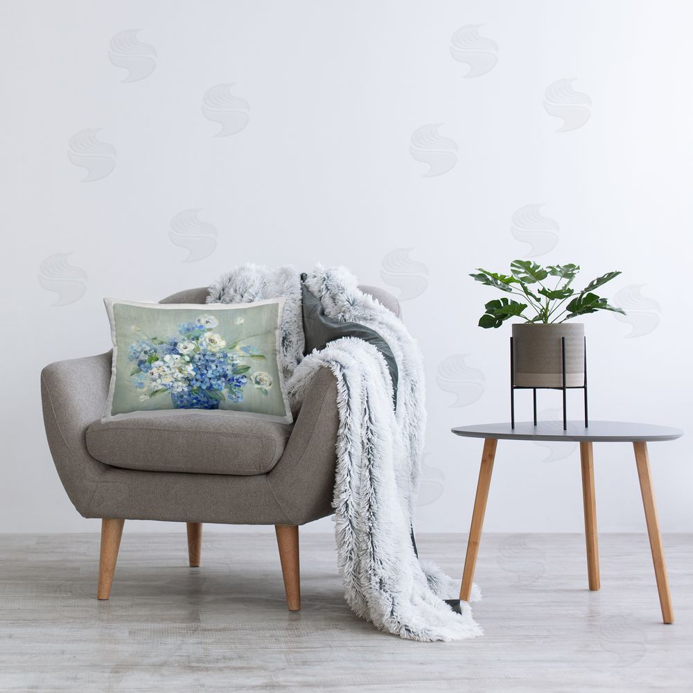 Sally Swatland Serene Blue And White Bouquet Plush Polyester Printed Lumbar Pillow on Chair
