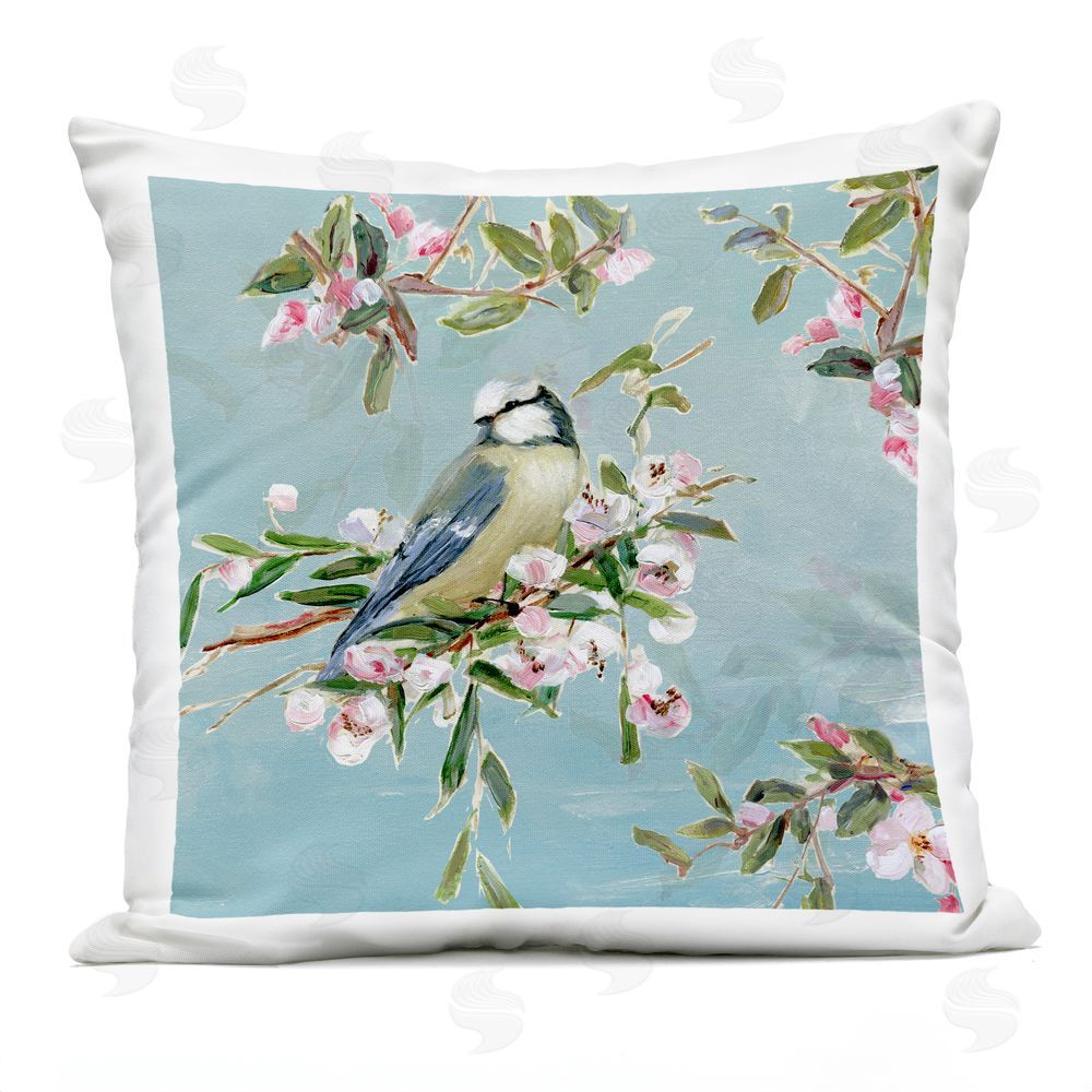 Sally Swatland Songbird Perched on Blooms Outdoor Quick-Dry Polyester Square Throw Pillow
