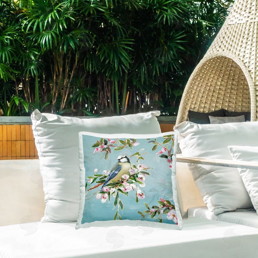 Sally Swatland Songbird Perched on Blooms Outdoor Quick-Dry Polyester Printed Square Pillow on Patio