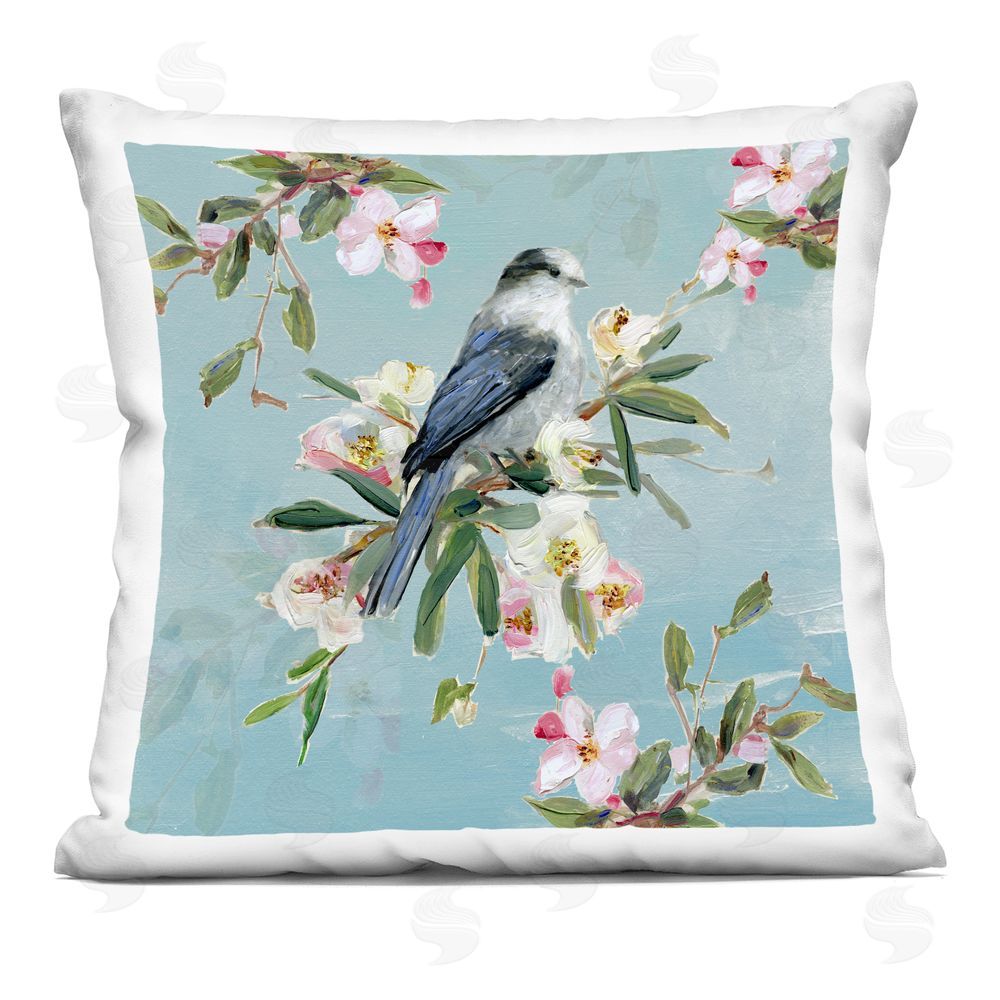 Sally Swatland Pastel Songbird Among Blossoms Indoor Plush Polyester Square Throw Pillow