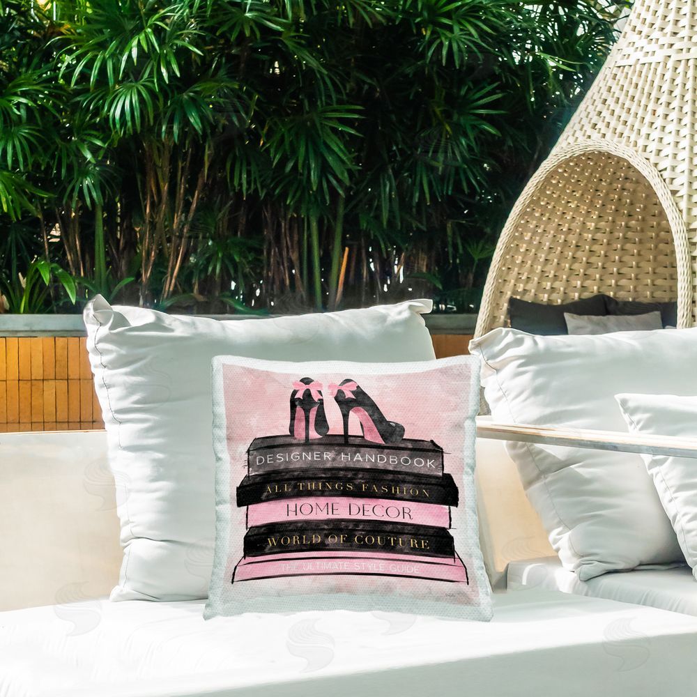 Natalie Carpentieri All Things Fashion Book Stack Outdoor Quick-Dry Polyester Printed Square Pillow on Patio