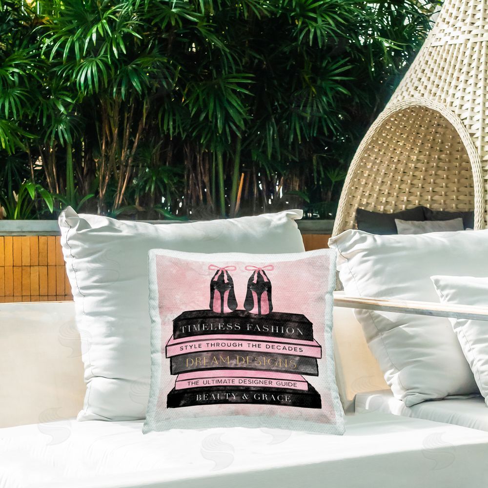 Natalie Carpentieri Blush Fashion Book Stack Outdoor Quick-Dry Polyester Printed Square Pillow on Patio