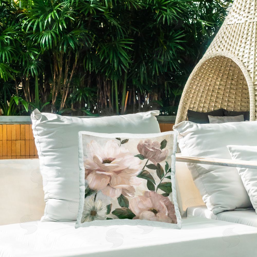 Nan Budding Blush Peonies & Leaves Outdoor Quick-Dry Polyester Printed Square Pillow on Patio