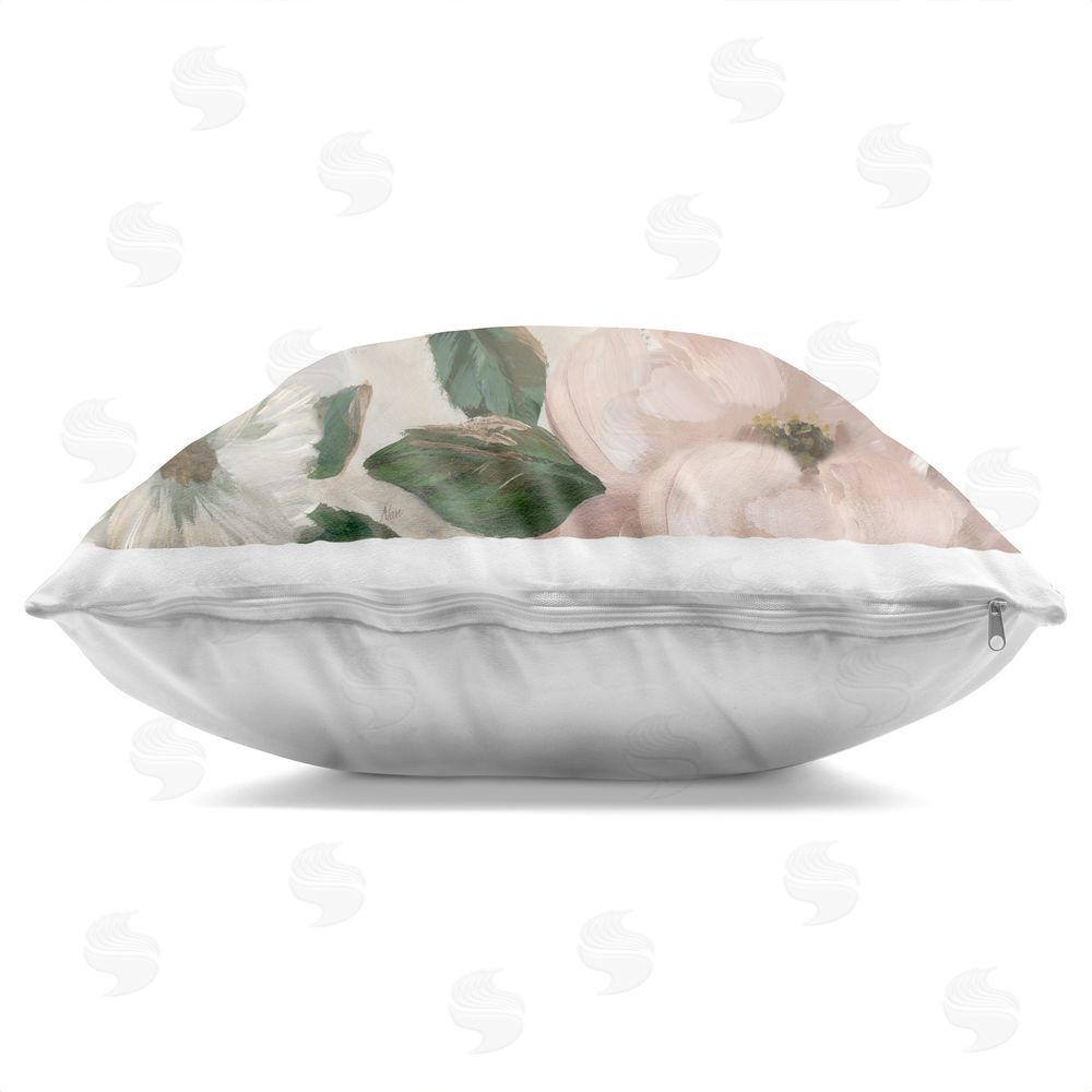 Nan Budding Blush Peonies & Leaves Indoor Plush Polyester Square Throw Pillow Zipper Detail