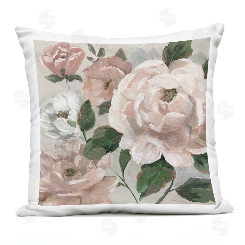 Nan Delicate Blush Peonies with Leaves Outdoor Quick-Dry Polyester Square Throw Pillow