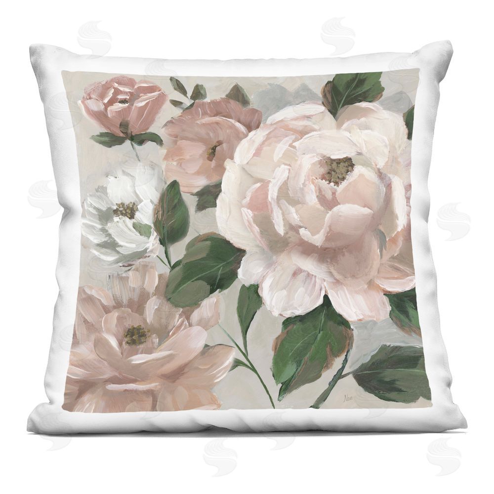 Nan Delicate Blush Peonies with Leaves Indoor Plush Polyester Square Throw Pillow