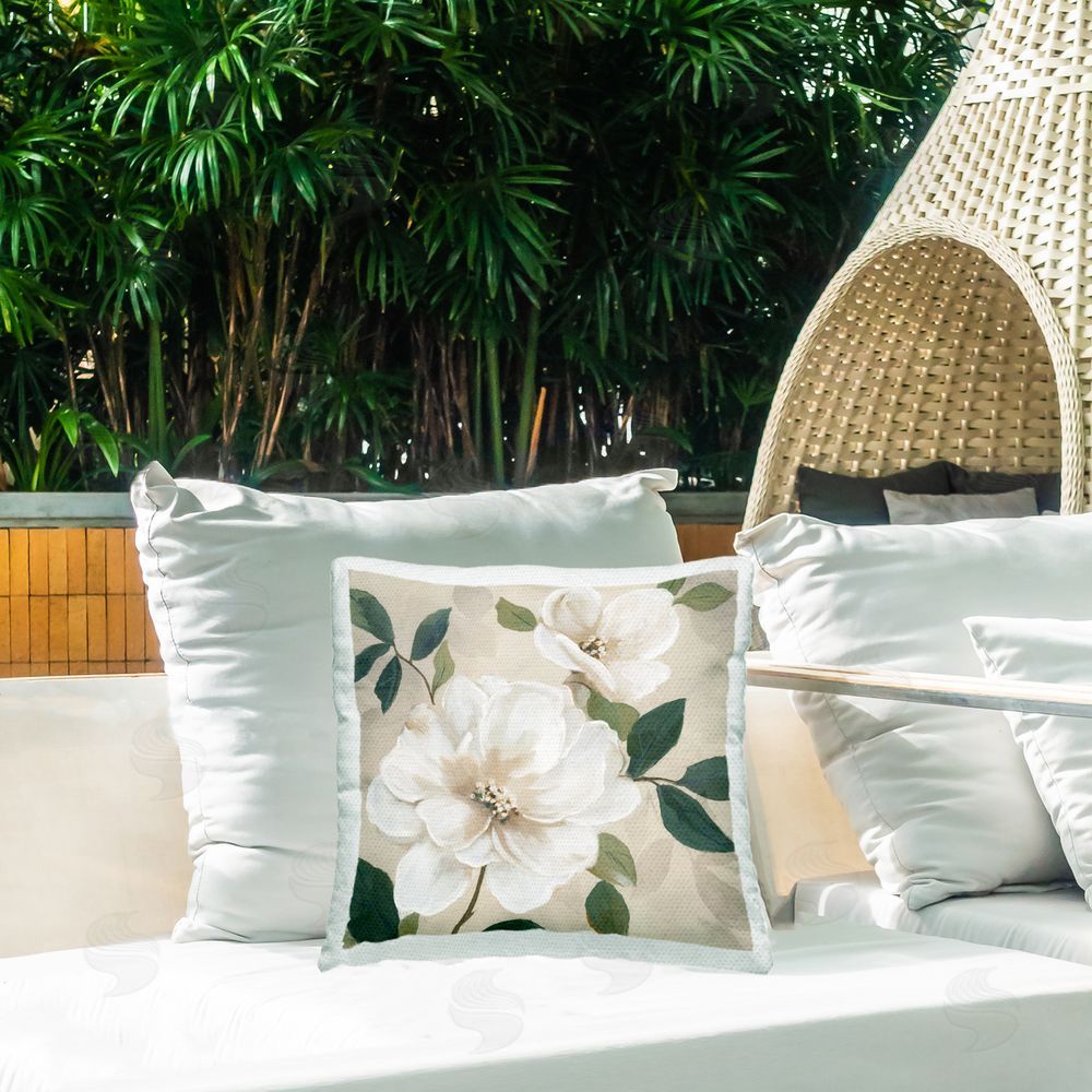 Nan Serene White Magnolia Study Outdoor Quick-Dry Polyester Printed Square Pillow on Patio