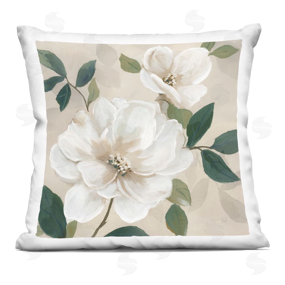 Nan Serene White Magnolia Study Indoor Plush Polyester Square Throw Pillow