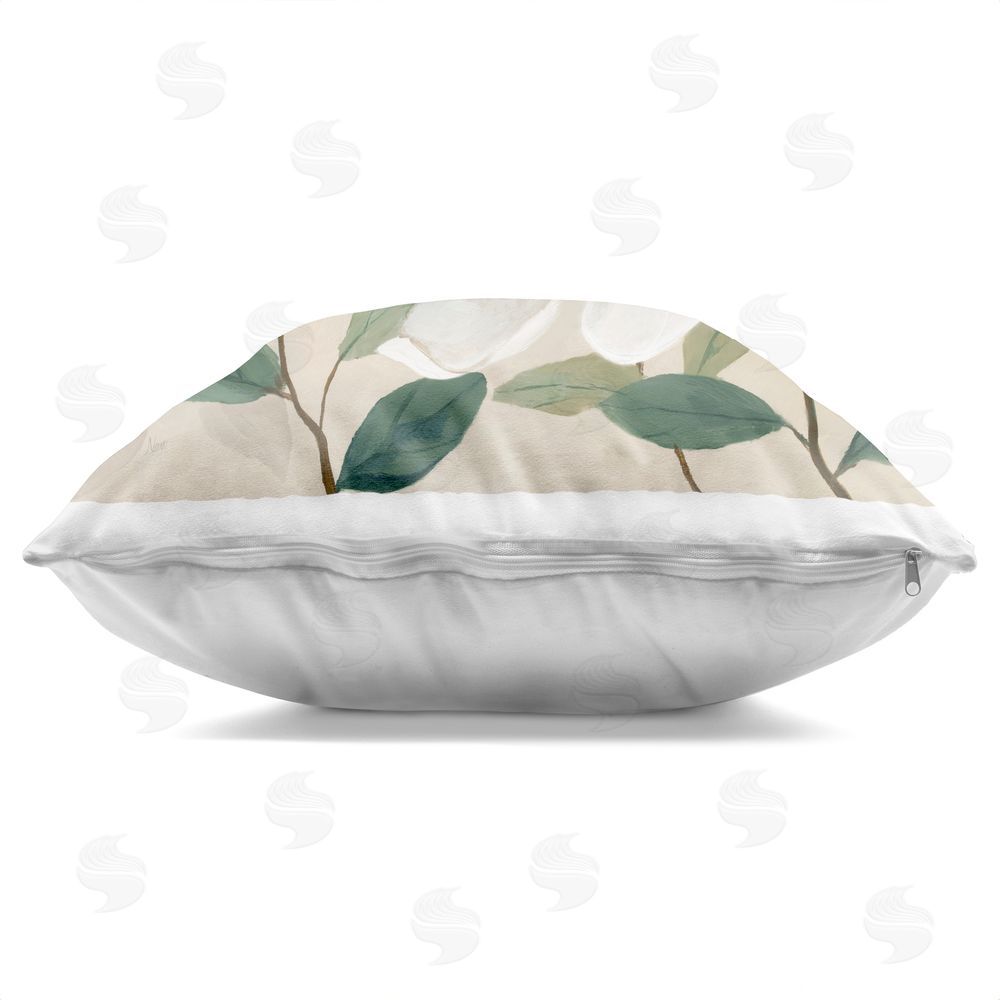 Nan Serene White Blossom with Leaves Indoor Plush Polyester Square Throw Pillow Zipper Detail
