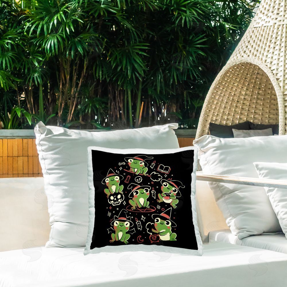 EduEly Designs Spooky Frogs in Witch Hats Outdoor Quick-Dry Polyester Printed Square Pillow on Patio