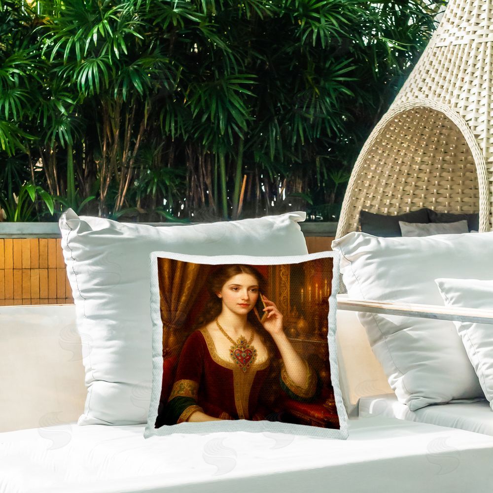 Grotto Studios Rococo Woman with Cell Phone Outdoor Printed Throw Pillow on Patio
