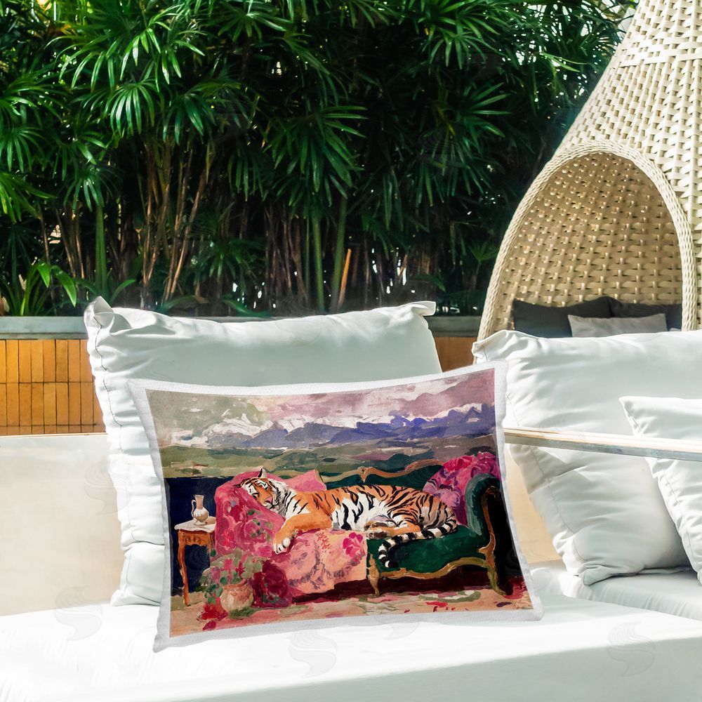 Annabelle Hall Velvet Lair Tiger Resting Outdoor Quick-Dry Polyester Printed Lumbar Pillow on Patio