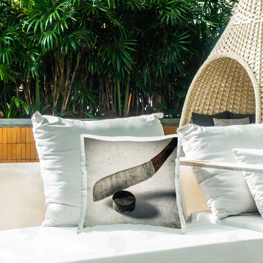 Ziwei Li Vintage Hockey Stick & Puck Outdoor Quick-Dry Polyester Printed Square Pillow on Patio
