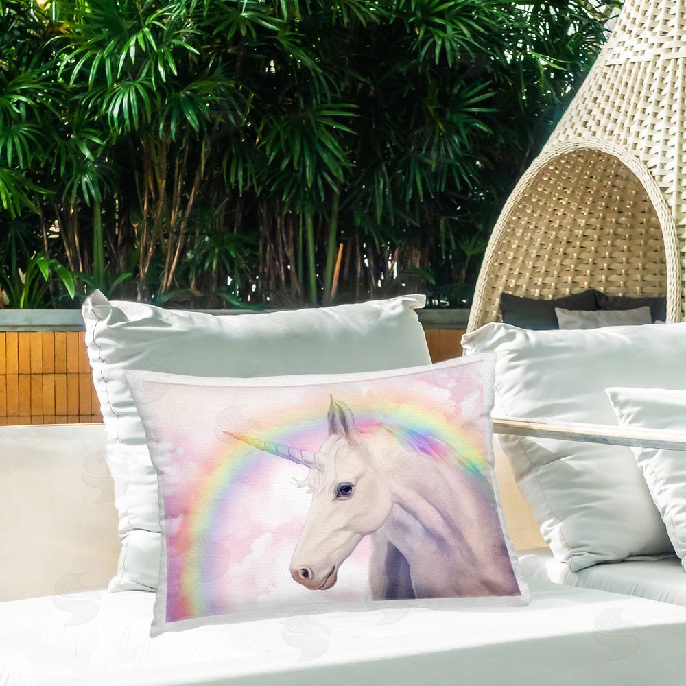 Ziwei Li Unicorn Beneath Rainbow Arch Outdoor Quick-Dry Polyester Printed Lumbar Pillow on Patio