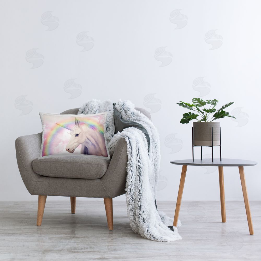 Ziwei Li Unicorn Beneath Rainbow Arch Plush Polyester Printed Lumbar Pillow on Chair