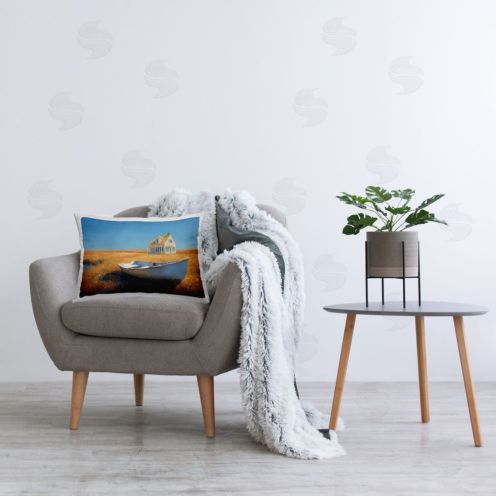 Ziwei Li Seaside Cottage & White Rowboat Plush Polyester Printed Lumbar Pillow on Chair