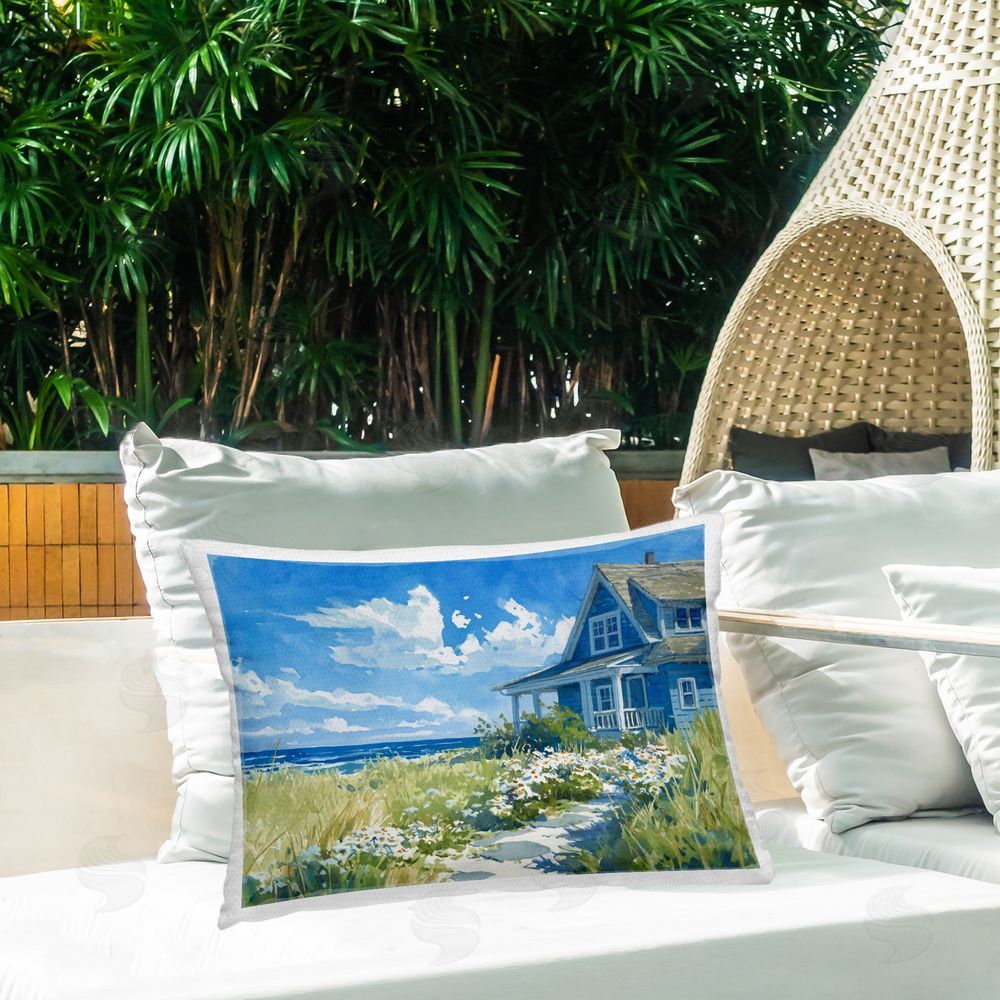 Ziwei Li Seaside Cottage with Daisies Outdoor Quick-Dry Polyester Printed Lumbar Pillow on Patio