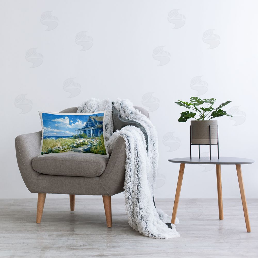 Ziwei Li Seaside Cottage with Daisies Plush Polyester Printed Lumbar Pillow on Chair