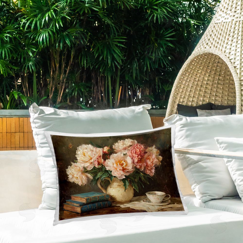 Ziwei Li Peonies Pitcher with Books Outdoor Quick-Dry Polyester Printed Lumbar Pillow on Patio