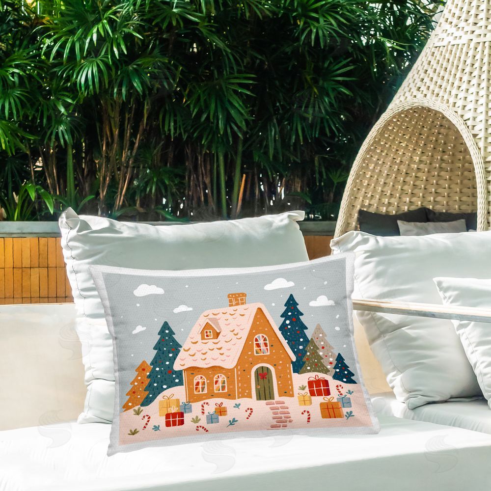 Ziwei Li Gingerbread Cottage with Candy Canes Outdoor Quick-Dry Polyester Printed Lumbar Pillow on Patio