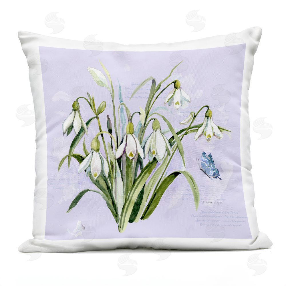 Susan Winget Snowdrops with Vintage Writings Outdoor Quick-Dry Polyester Square Throw Pillow