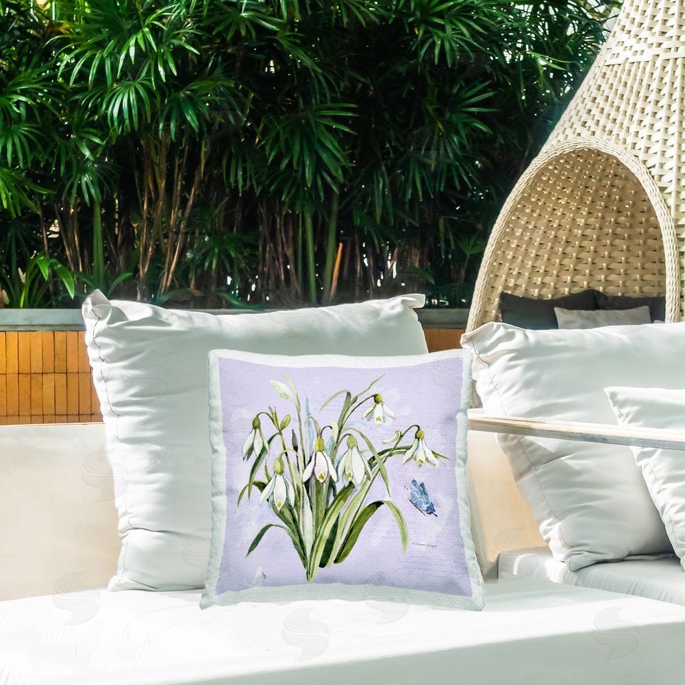 Susan Winget Snowdrops with Vintage Writings Outdoor Quick-Dry Polyester Printed Square Pillow on Patio
