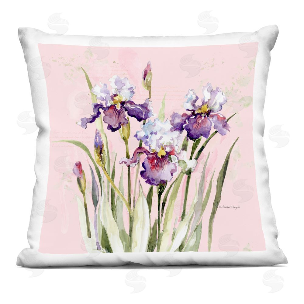 Susan Winget Purple Irises on Pink Indoor Plush Polyester Square Throw Pillow