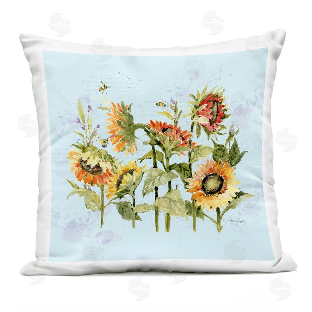 Susan Winget Sunflowers & Bee on Blue Outdoor Quick-Dry Polyester Square Throw Pillow