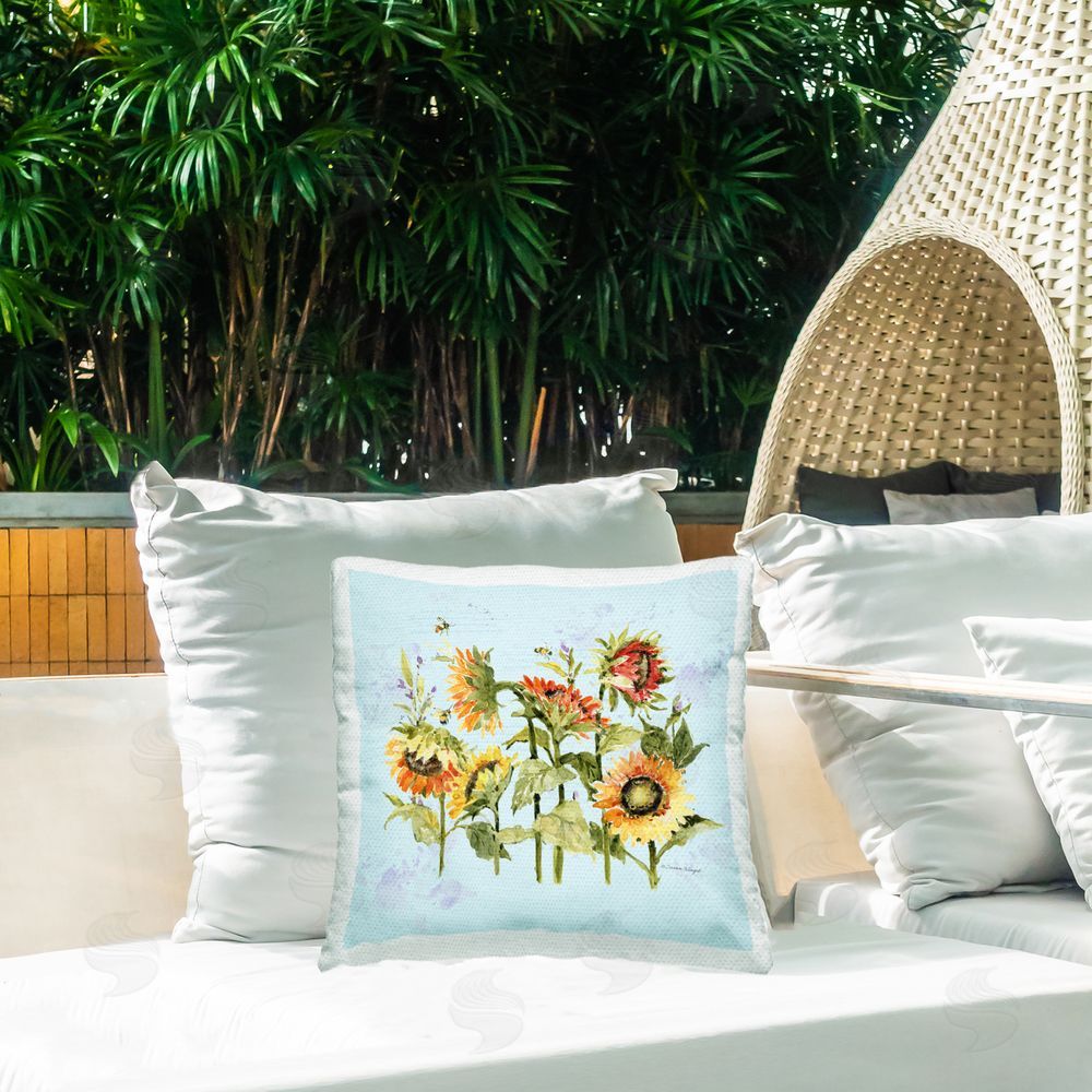 Susan Winget Sunflowers & Bee on Blue Outdoor Quick-Dry Polyester Printed Square Pillow on Patio