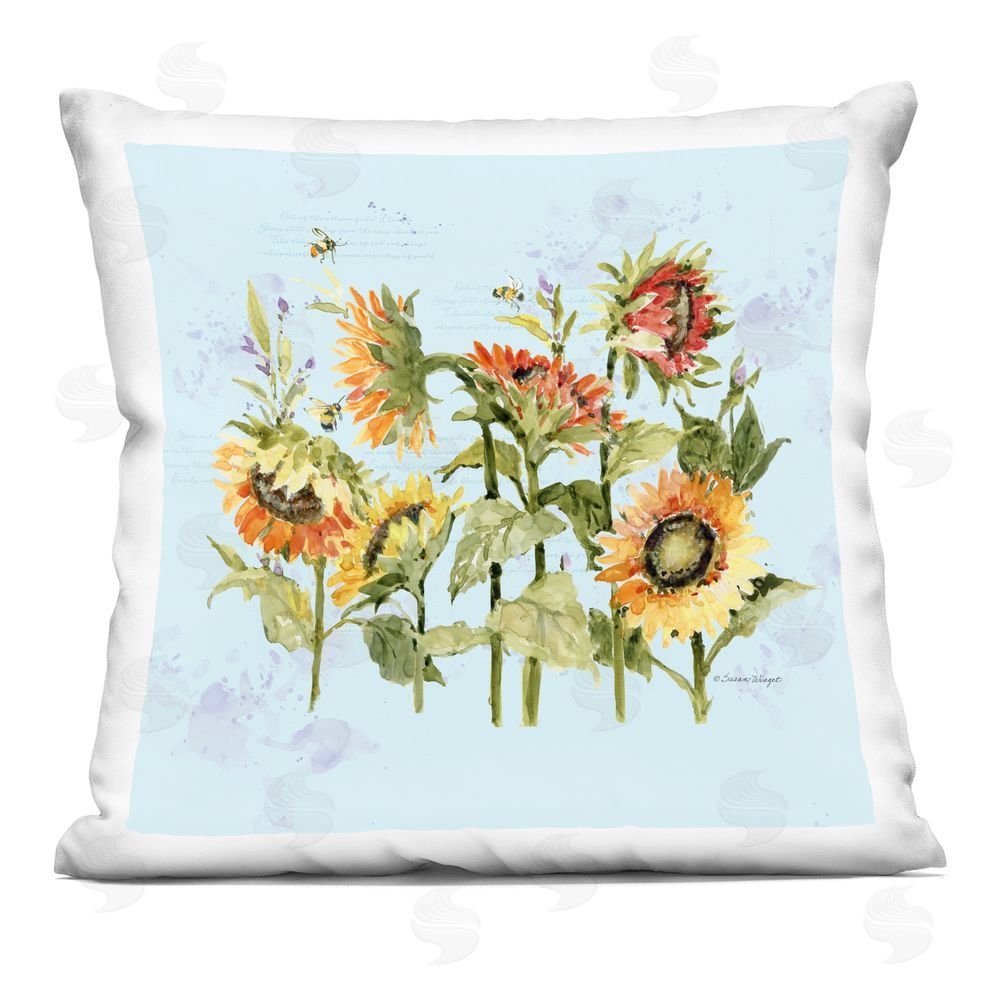 Susan Winget Sunflowers & Bee on Blue Indoor Plush Polyester Square Throw Pillow