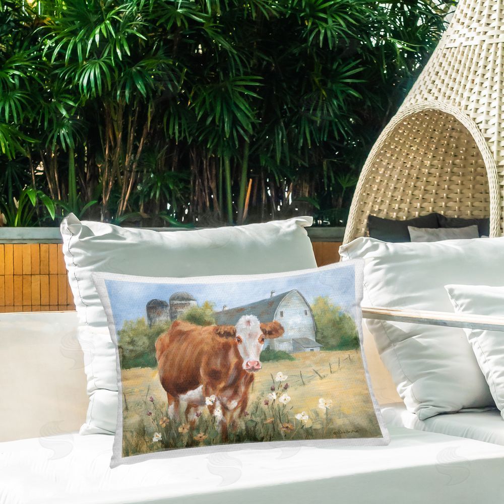 Pam Britton Gentle Guardian Cattle Outdoor Quick-Dry Polyester Printed Lumbar Pillow on Patio