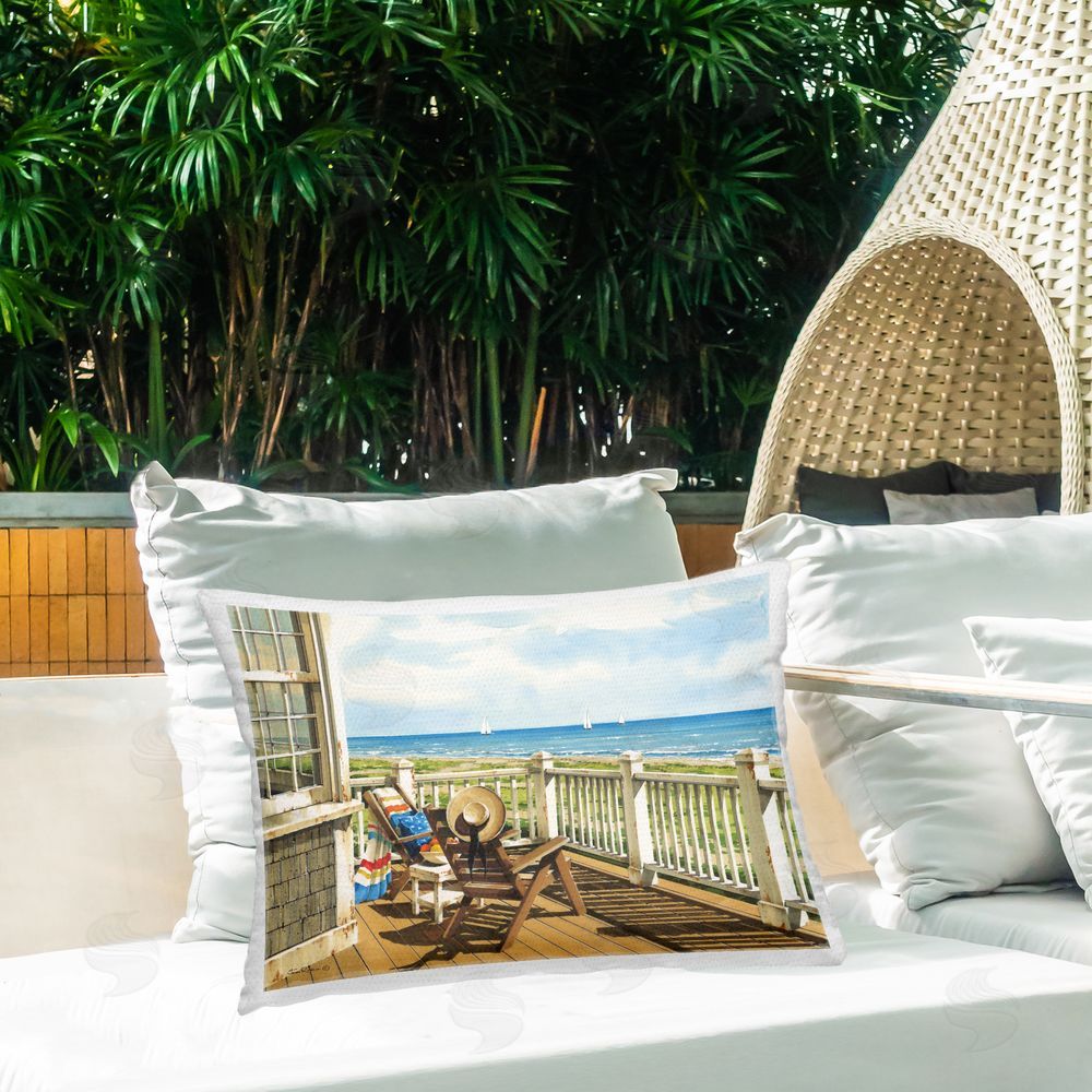 John Rossini Sunlit Coastal Porch Comfort Outdoor Quick-Dry Polyester Printed Lumbar Pillow on Patio