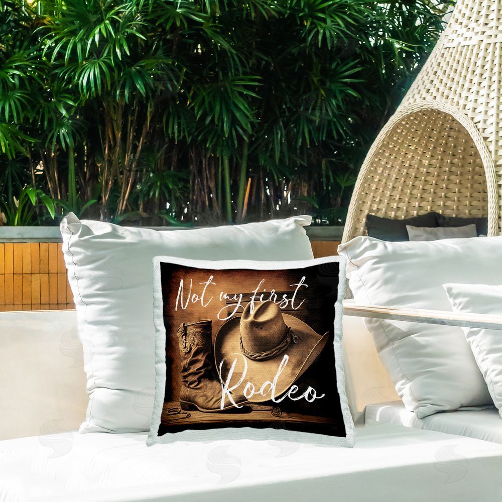 Lux + Me Designs Not My First Rodeo Outdoor Quick-Dry Polyester Printed Square Pillow on Patio