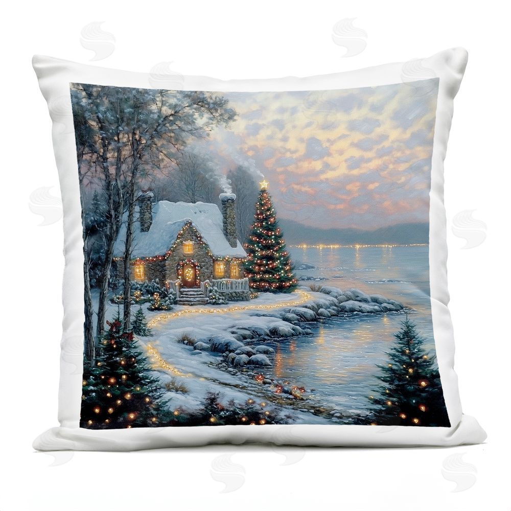 Heidi Kuntz Snowy Lit Cottage by Lake Outdoor Square Printed Throw Pillow