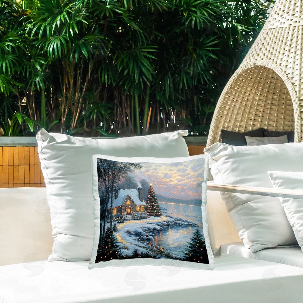 Heidi Kuntz Snowy Lit Cottage by Lake Outdoor Square Printed Throw Pillow on Seat