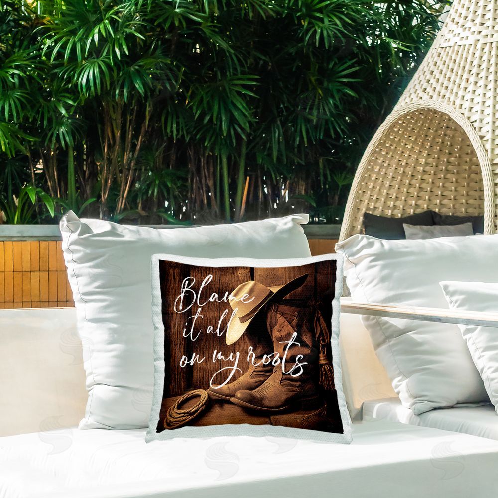 Lux + Me Designs Blame It On My Roots Outdoor Quick-Dry Polyester Printed Square Pillow on Patio