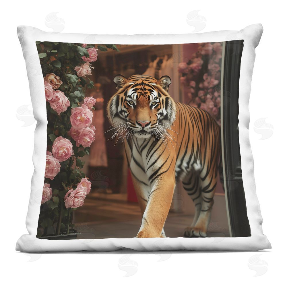 Heidi Kuntz Bengal Tiger Among Roses Indoor Plush Polyester Square Throw Pillow