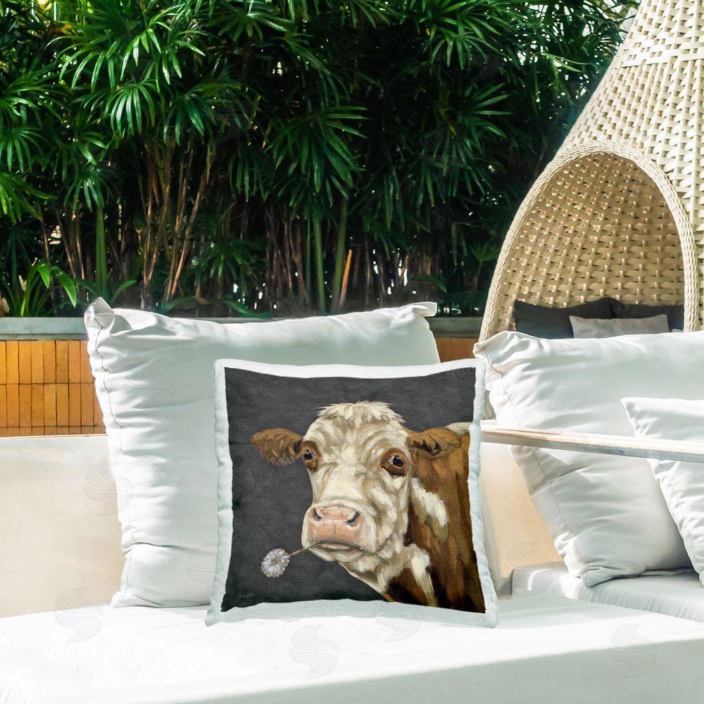 Sara G. Designs Looking Dandy Cattle Outdoor Quick-Dry Polyester Printed Square Pillow on Patio