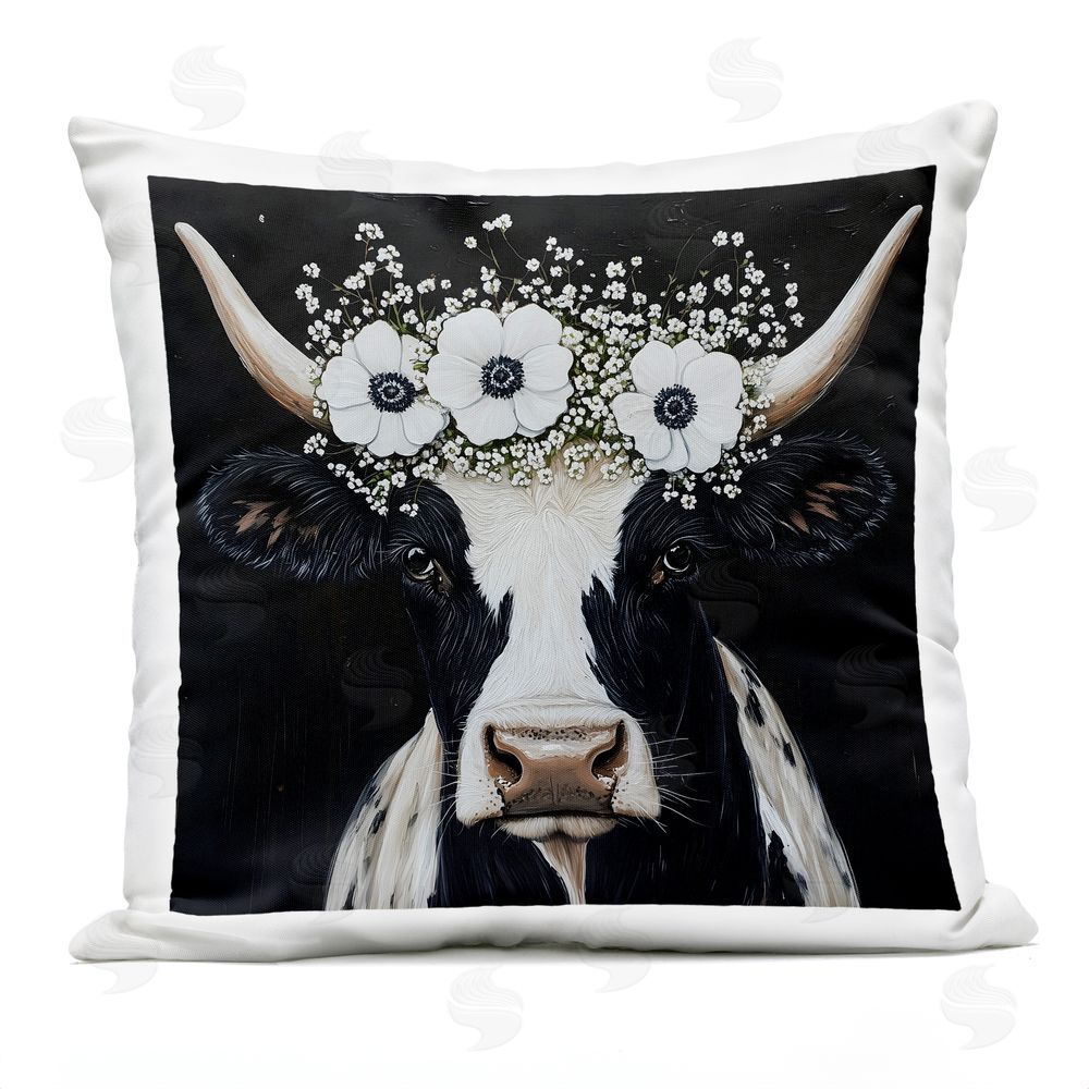 Acorn & Ivory Designs Cow With White Floral Crown Outdoor Quick-Dry Polyester Square Throw Pillow