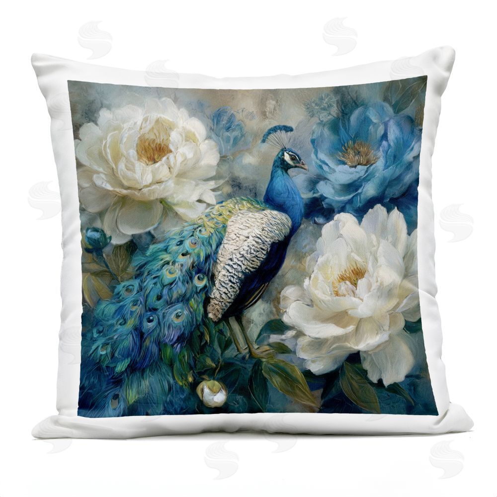 Tina LeCour Pretty Peony Peacock Square Outdoor Quick-Dry Polyester Throw Pillow