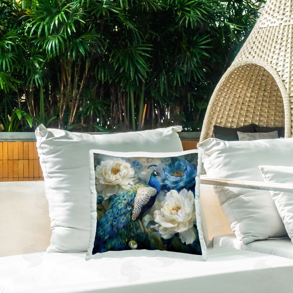 Tina LeCour Pretty Peony Peacock Square Outdoor Quick-Dry Polyester Throw Pillow on Seat