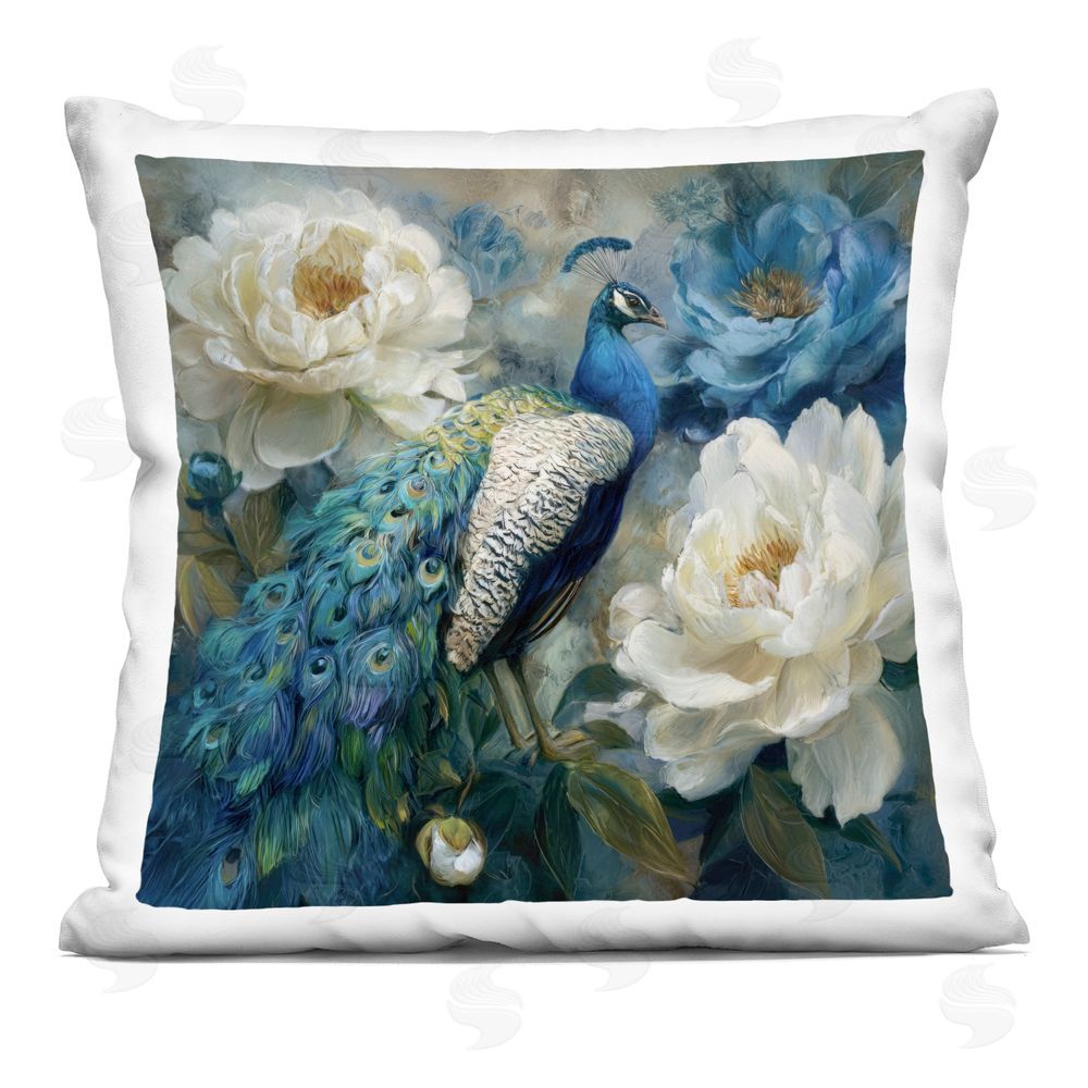 Tina LeCour Pretty Peony Peacock Square Plush Polyester Throw Pillow