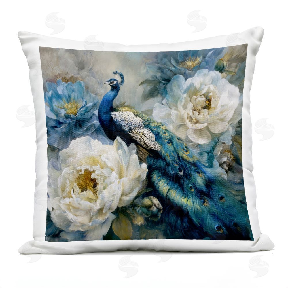 Tina LeCour Pretty Peacock with Roses Square Outdoor Quick-Dry Polyester Throw Pillow