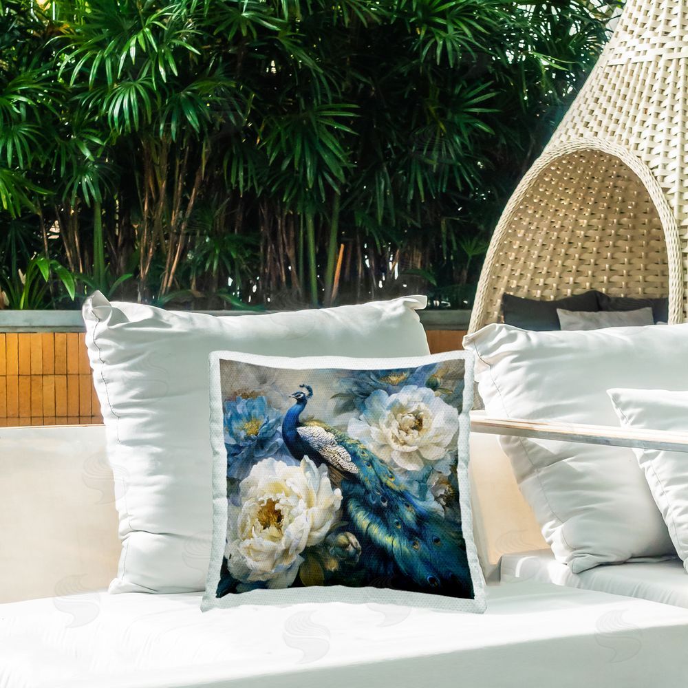 Tina LeCour Pretty Peacock with Roses Square Outdoor Quick-Dry Polyester Throw Pillow on Seat
